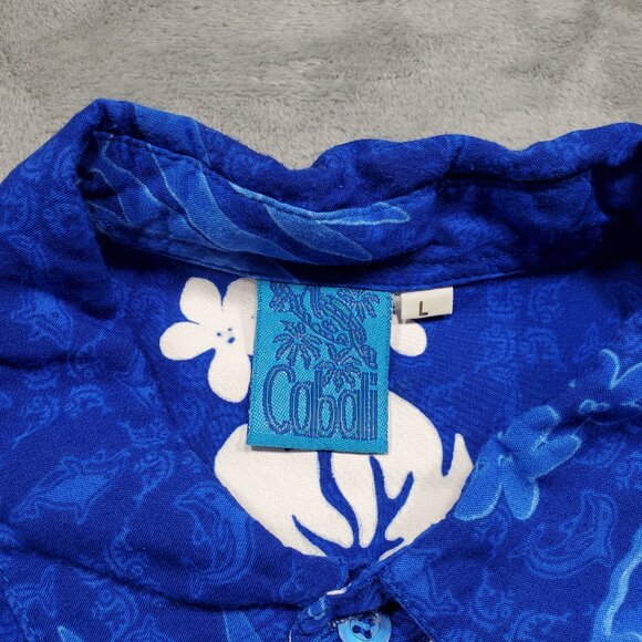 Cabali Hawaiian Short Sleeve Shirt Blue White Tropical Flowers 1 Pocket Men Sz L - Picture 3 of 11